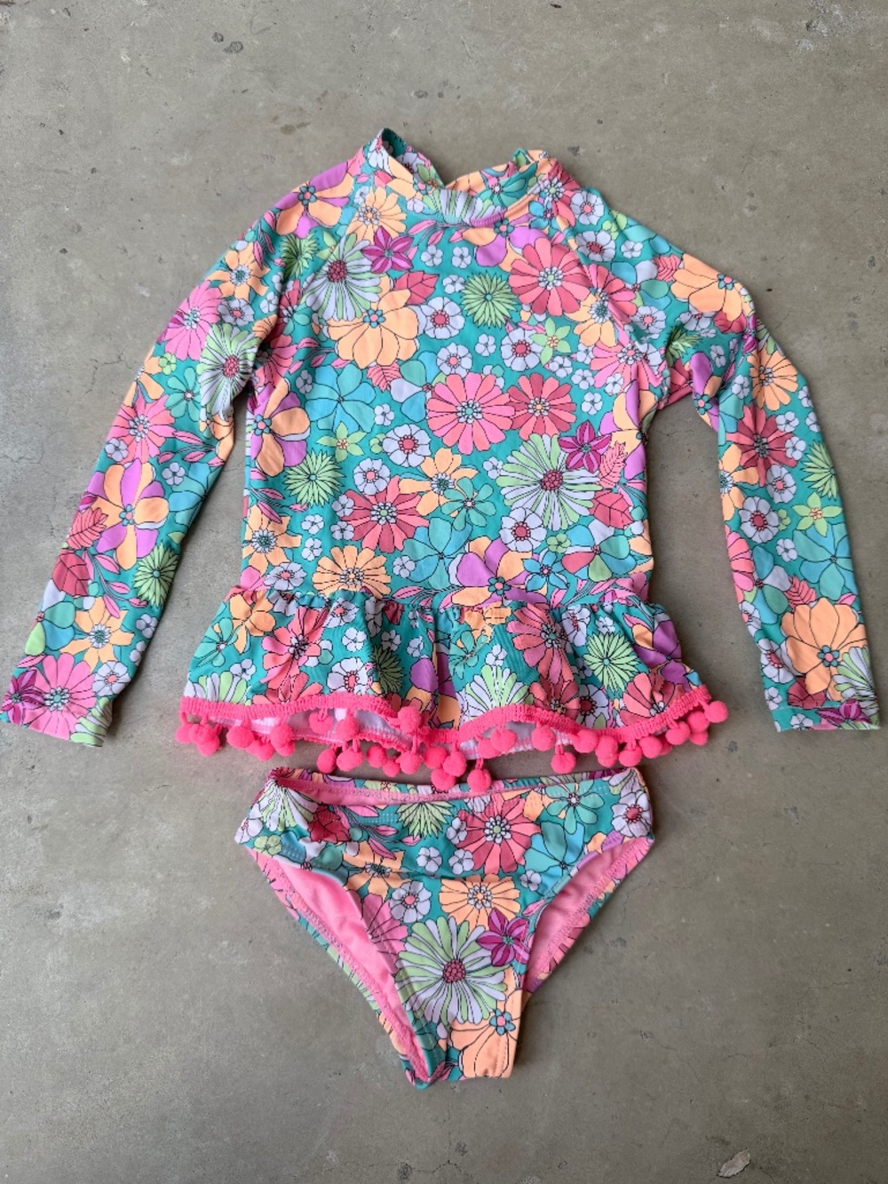 Toddler Floral Pom Pom Trimmed Swim Rash Guard and Bottoms 2T